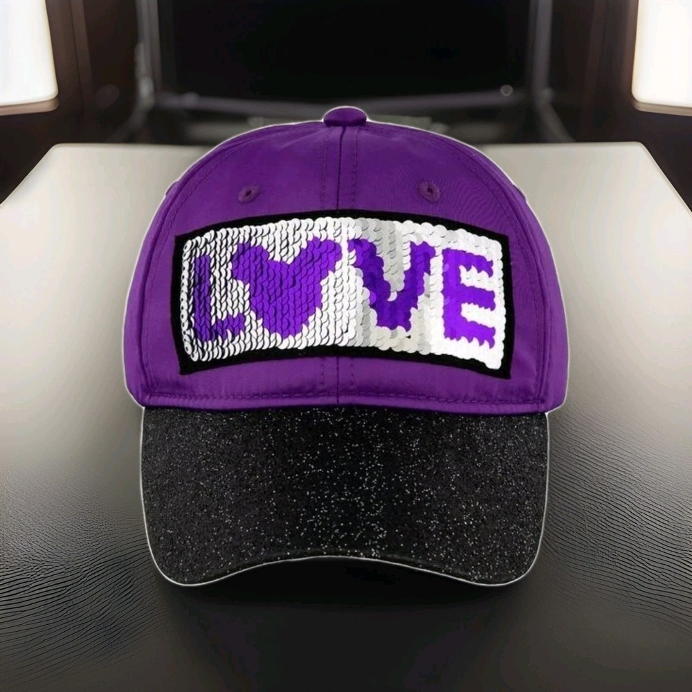 Disney Parks Youth LOVE Reversible Sequin Baseball Cap Purple Black Glitter Hat